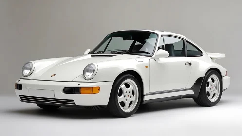 White rear-engined sports coupe in studio-controlled lighting.