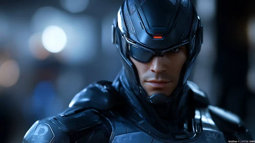Futuristic cyber warrior gazes ahead with calm confidence