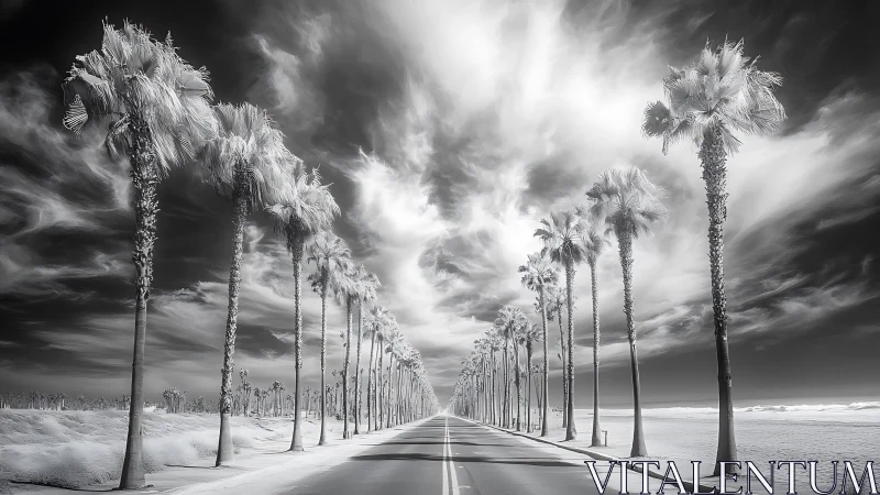 Infrared palm avenue stretches toward vanishing horizon