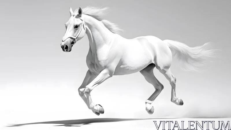 Majestic White Horse Galloping in Minimalist Monochrome Art.