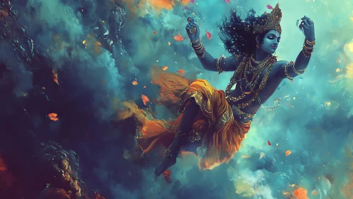 Blue-skinned dancing deity floats within swirling clouds