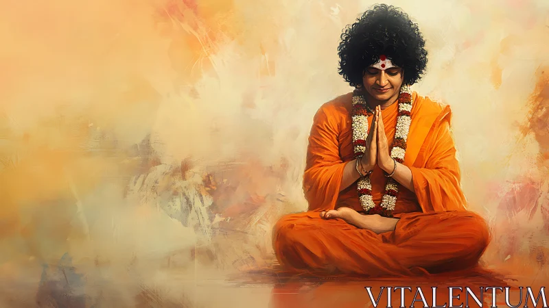 Meditating monk in saffron robes practices serene devotion