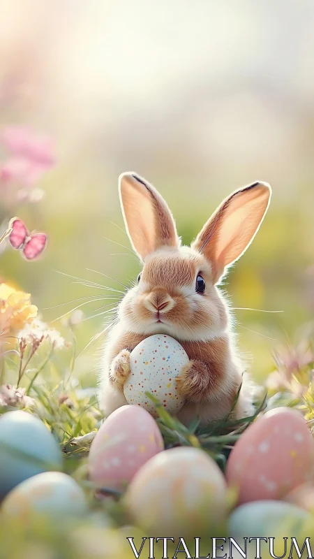 Soft-focus Easter bunny holding speckled egg in spring meadow
