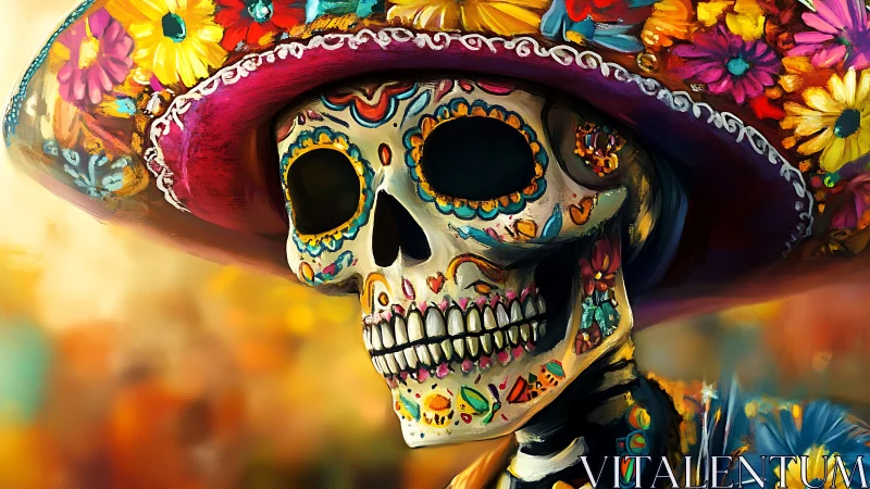 Sugar skull figure wears flowered sombrero in vivid colors