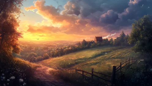 Sunlit rural hillside landscape rendered in luminous digital painting