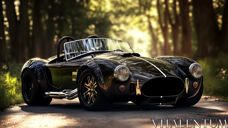 Glossy black roadster under dappled forest sunlight.