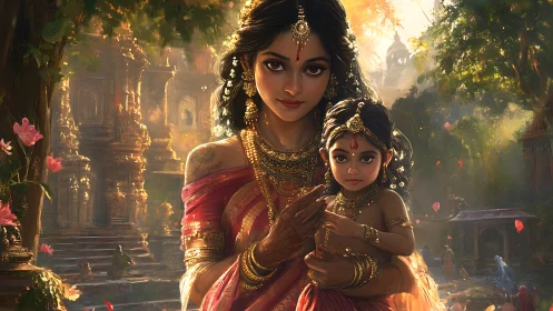 Maternal devotion framed by luminous temple atmosphere.