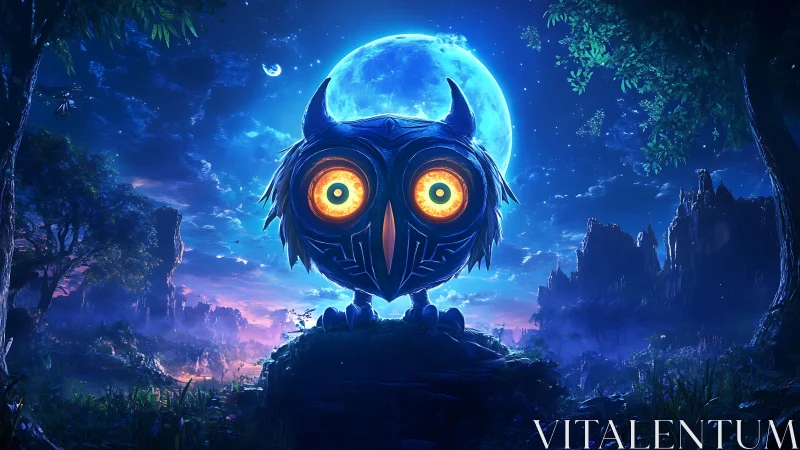 Cybernetic owl under luminous moon in fantasy forest