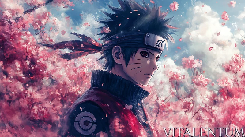 Brooding ninja amid windswept cherry blossom stormscape.