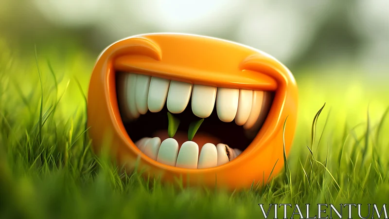 Smiling orange emoji mouth rests in vivid spring grass.