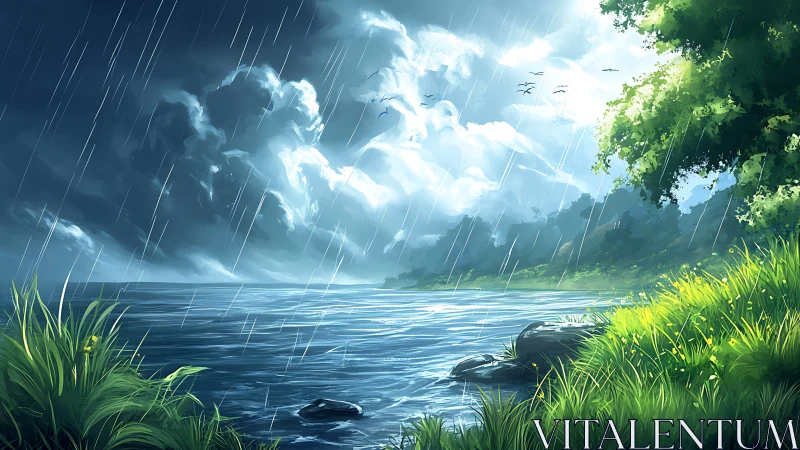 Stormlit lakeside rainfall captures serene, cinematic drama