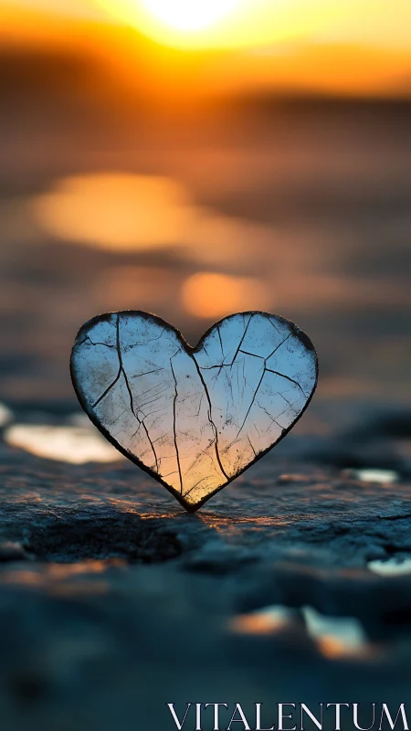 Fractured Ice Heart Silhouetted Against Golden Sunset Gradient Atmosphere