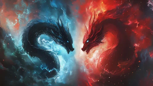 Dual elemental dragon forms in opposing red and blue fields.