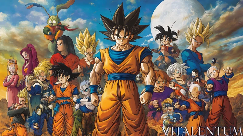 Central warrior leads diverse fighters under bright full moon