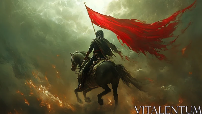 Hooded cavalry rider advances through burning storm clouds defiantly