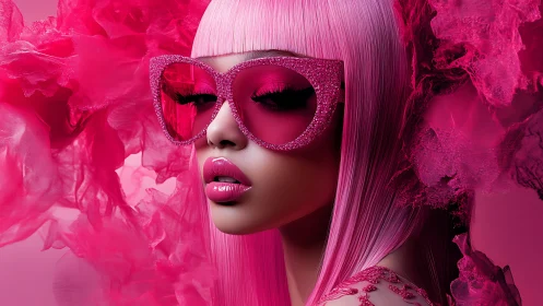 Monochrome pink portrait with oversized glitter sunglasses.