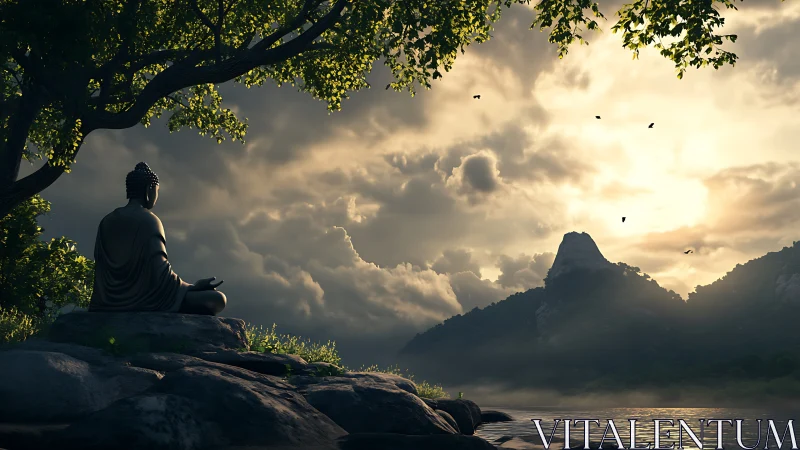 Meditating Buddha under sunrise sky beside misty lake.