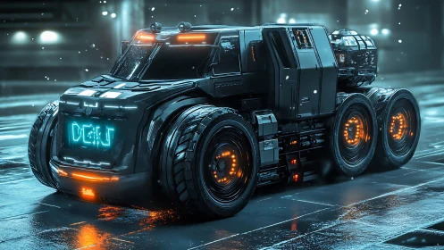 Futuristic six-wheeled cyber truck glows on a rainy street