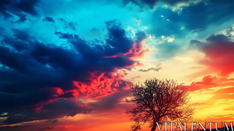 Vibrant sunset silhouette with dramatic clouds and lone tree.