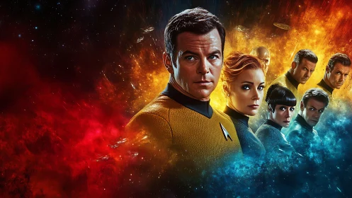 Starfleet bridge crew amid explosive cosmic nebulae poster.