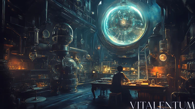 Futuristic alchemist laboratory frames glowing orbital aperture