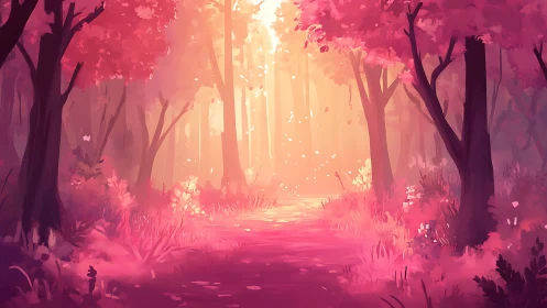 Enchanted Forest Pathway Glowing in Soft Magenta Light.