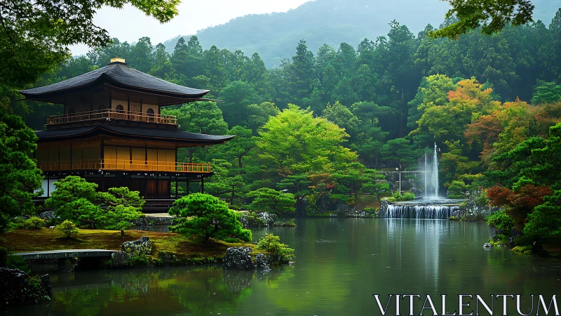 Japanese pavilion by forested lake with waterfall feature.
