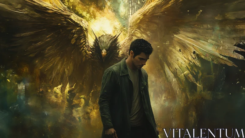 Brooding wanderer shadowed by a colossal golden raven guardian.