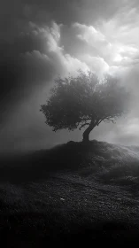 Isolated hillside tree in high-contrast monochrome atmospherics.