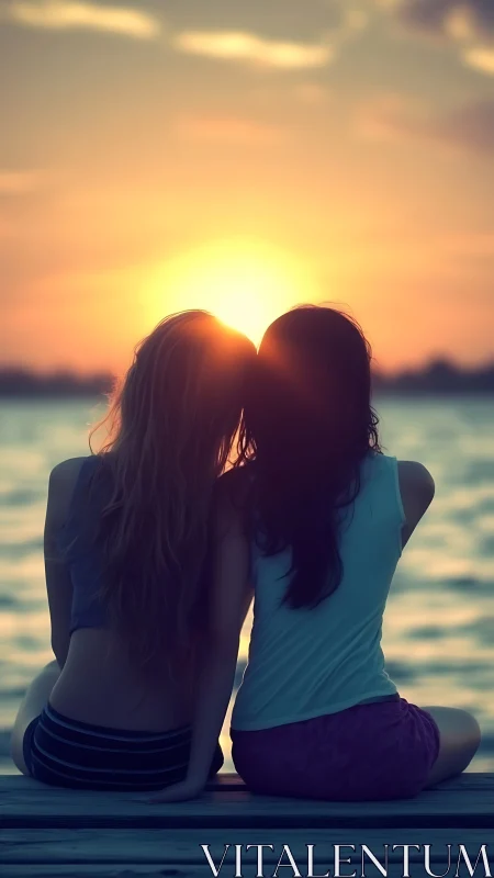 Two friends sit on wooden pier watching warm sunset glow