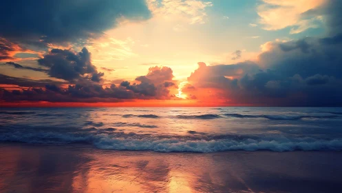 High-saturation ocean sunset with layered clouds and reflective surf