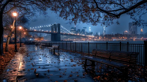 Dusk riverside promenade with Brooklyn Bridge and wet pavement.