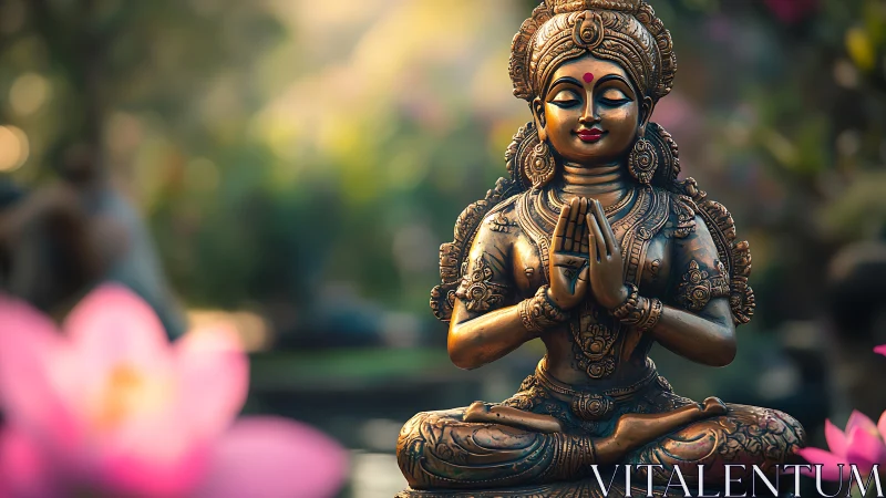 Bronze yogic deity sculpture amid defocused lotus bokeh field.