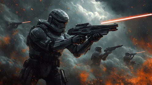 Armored soldiers with rifles in smoke-filled combat zone.