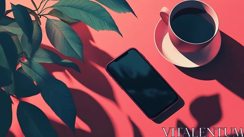 Minimalist Workspace with Coffee, Phone, and Tropical Foliage