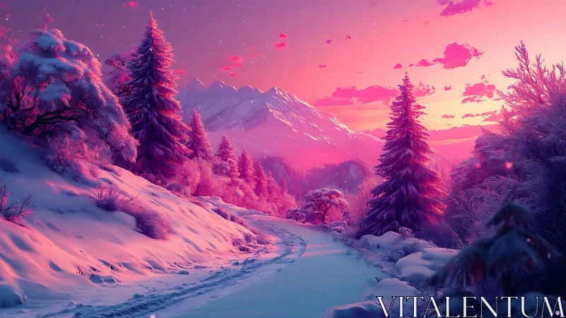 Snowy forest path under pink twilight mountain sky.