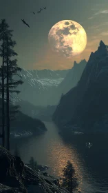 Luminous supermoon rises above icy mountain river valley.