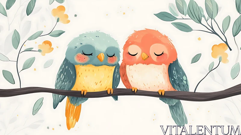 Cute Watercolor Owls on Branch in Whimsical Pastel Illustration.