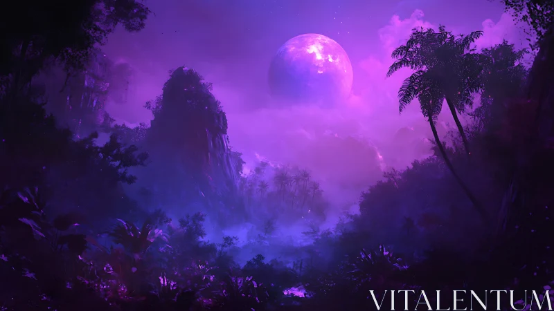 Purple nocturnal jungle landscape under large full moon.