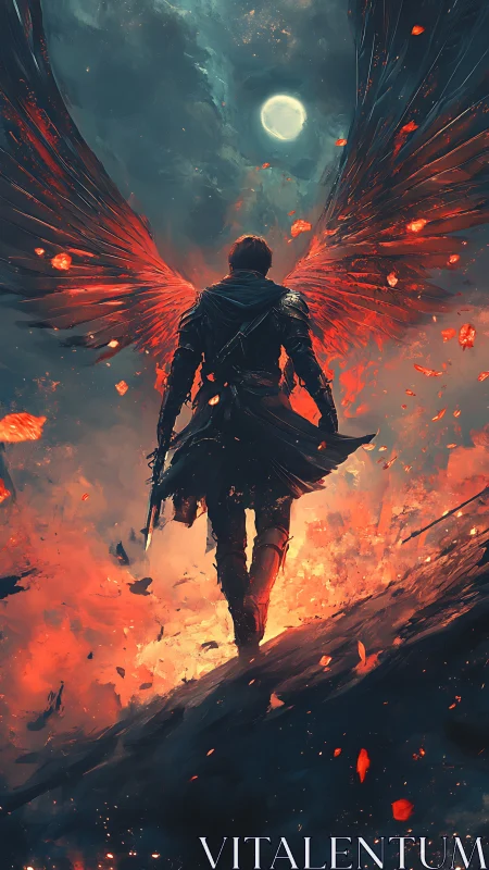 Winged warrior strides through embers beneath lunar storm.