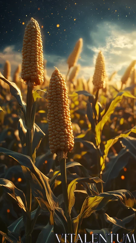 Golden cornfield glowing softly under a dreamy night sky.