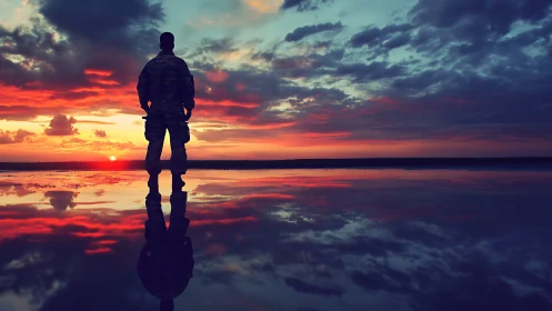 Silhouetted soldier studies mirrored sunset horizon over water