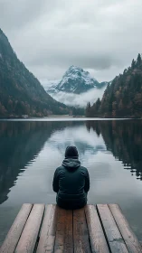 Solitary figure on lakeside dock facing misty mountains.