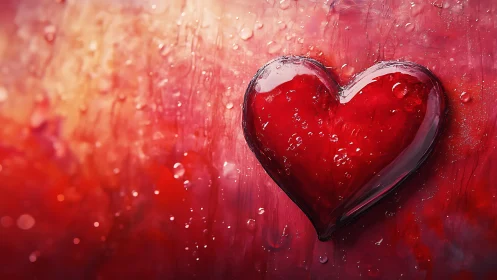 Crystalline Heart with Water Droplets on Red Surface.