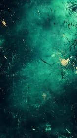 Teal cosmic nebula texture shows gold splatter accents