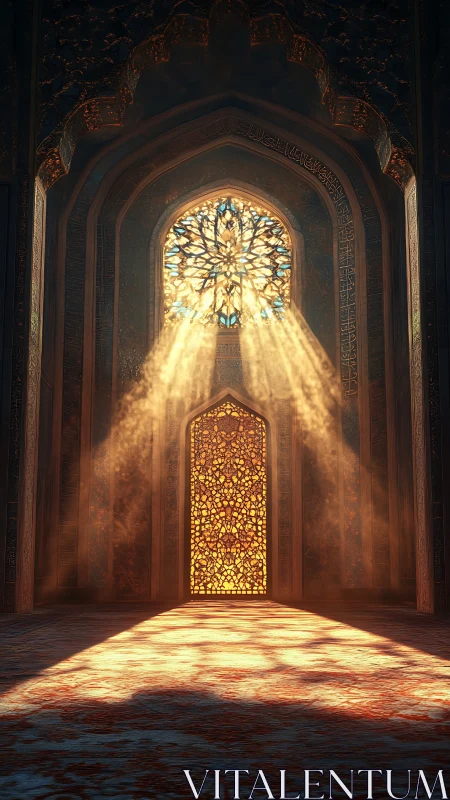 Sunlit stained glass window in ornate arched interior.