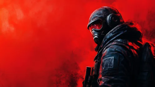 Lone masked wanderer against a bold burning red sky.