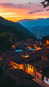 Sunset hillside town glowing with cozy lantern lights.