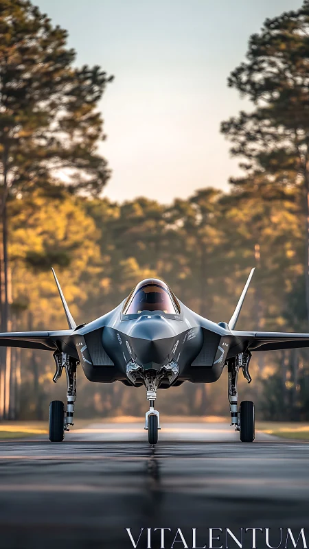 Stealth jet waits like a metallic predator at sunrise runway