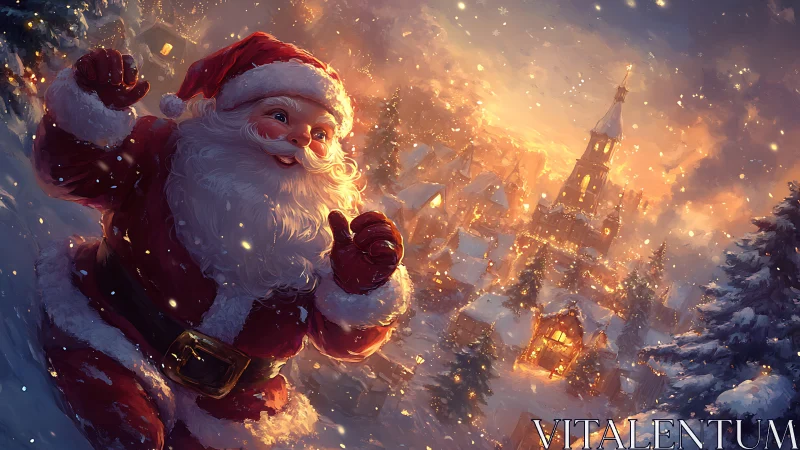 Santa Claus strides through luminous snow toward glowing village